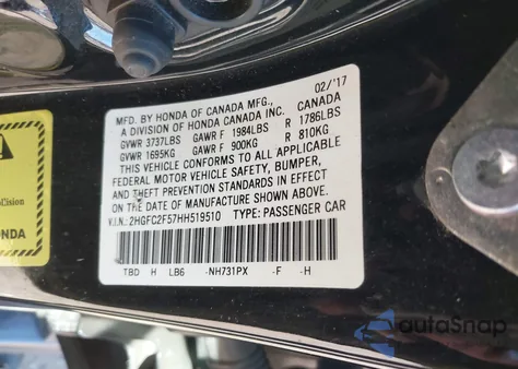 2017 Honda Civic Lx z USA, uszkodzony, nr VIN 2HGFC2F57HH519510